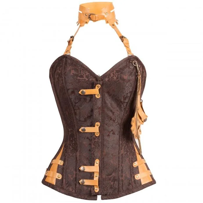 Anti - chafe bustiers for comfortable movementHall Brown Steampunk Corset With Attached Neck Gear Anti - chafe bustiers for comfortable movementHall Brown Steampunk Corset With Attached Neck Gear