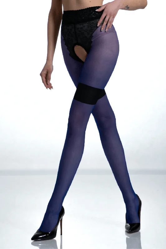 Women's Tights with Heart PrintsDiva Very Peri/Black Crotchless Tights 30 Denier