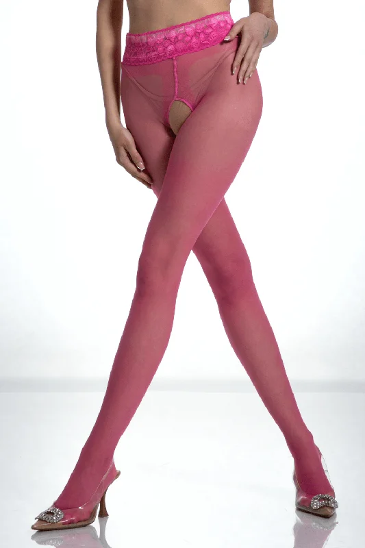 Women's Opaque TightsCrotchless Lace Top Tights Pink 30 Denier