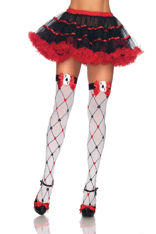 Footless Tights for WomenWoven Diamond Card Suit Thighs High With Bow And Card Charm Stockings