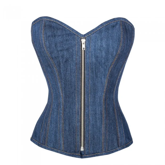 Posture - correcting bustiers for better spinal alignmentWyatt Denim Overbust Corset Posture - correcting bustiers for better spinal alignmentWyatt Denim Overbust Corset