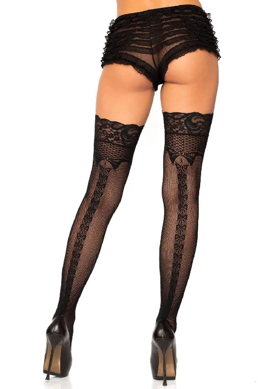 Sheer Tights for WomenBow Backseam Fishnet Thigh Highs - One Size - Black