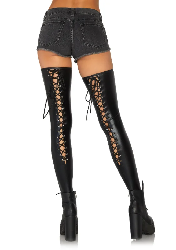 Women's Glitter TightsWet Look Lace Up Thigh Hi - Black - S/m