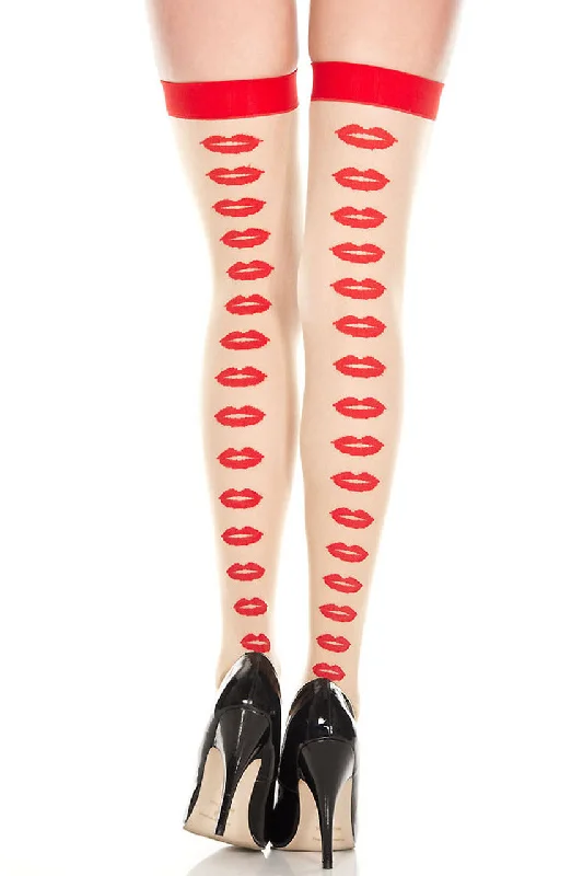 Cotton Tights for ComfortBeige & Red Lips Backseams Thigh High Stockings