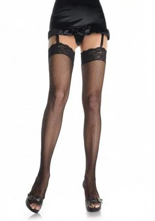 Thigh-High Tights for WomenFishnet Thigh Highs With Lace Top- One Size - Blk