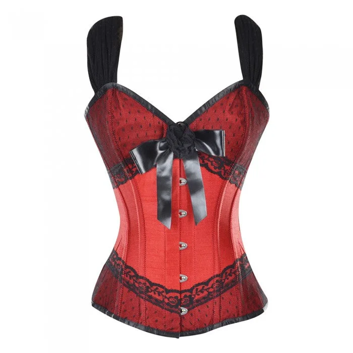 Steampunk - themed bustiers with brass accentsGylfi Red Corset With Shoulder Straps And Bow Detail