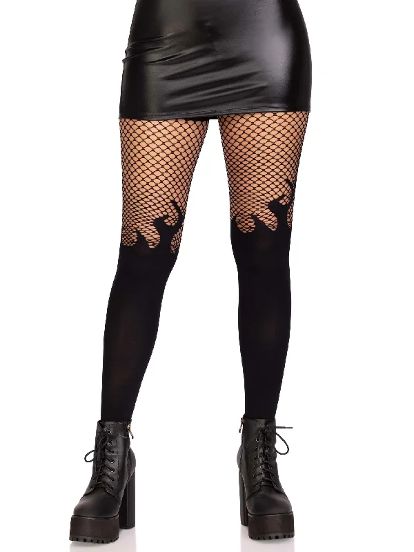 Tights with Cut-Outs for WomenOpaque Flame Tights With Fishnet Top - One Size -  Black