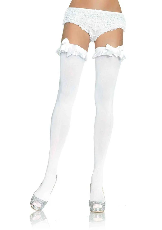 Women's Tights for Evening WearOpaque Thigh Highs With Satin Ruffle Trim and Bow - One Size - White Women's Tights for Evening WearOpaque Thigh Highs With Satin Ruffle Trim and Bow - One Size - White