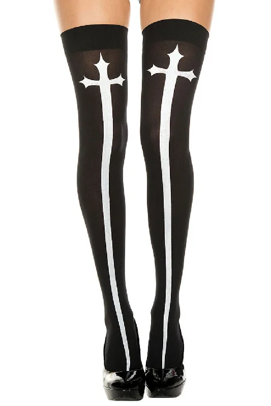 Thigh-High Tights for WomenGothic Cross Print Thigh Highs - Black-White