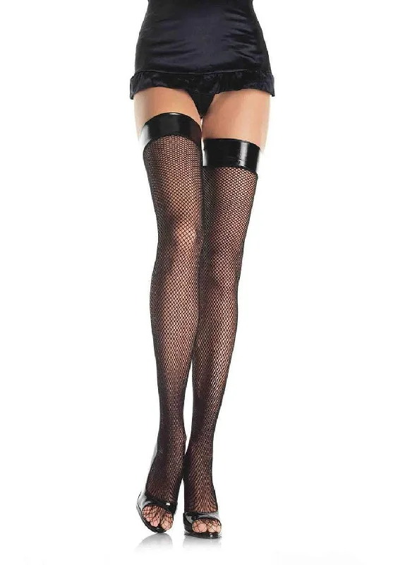 Tights with Back Seam for WomenVinyl Top Fishnet Thigh Highs - One Size - Black