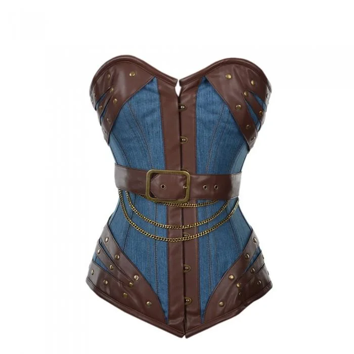 Multicolored bustiers with a vibrant and playful designHarnock Denim Overbust Corset With Brown Faux Leather Buckle Detail Multicolored bustiers with a vibrant and playful designHarnock Denim Overbust Corset With Brown Faux Leather Buckle Detail