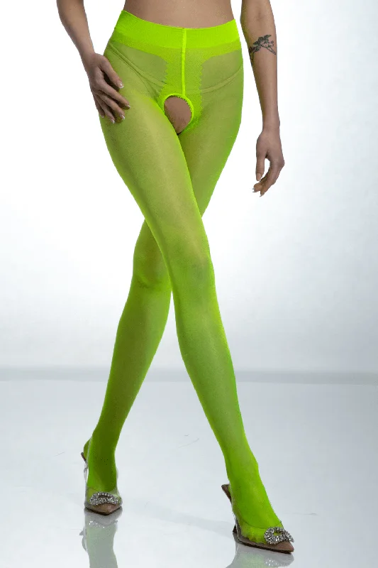 Women's Fishnet TightsCrotchless Gloss Fluo Yellow Tights 20 Denier