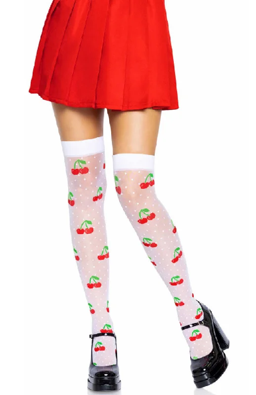 Women's Tights for RunningSheer Polka Dot Cherry Thigh Highs - One Size - White/red
