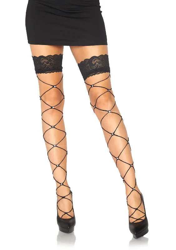 Leopard Print Tights for WomenCrystalized Wide Net Lace Top Thigh Highs - One Size - Black