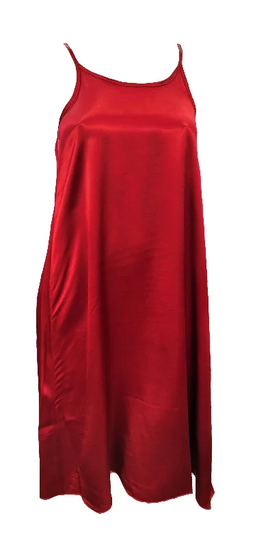Vintage Inspired Lingerie for WomenRuby Satin Knee Length Gown With Spaghetti Straps & Gathered Back