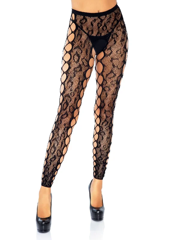 Women's Tights for YogaFootless Leopard Lace Crotchless Tights - Black