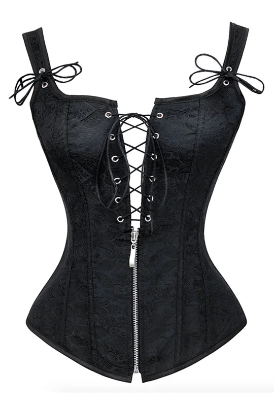 Halloween - themed corsets for a spooky costumeBlack Jacquard Strappy Corset With Zip Halloween - themed corsets for a spooky costumeBlack Jacquard Strappy Corset With Zip