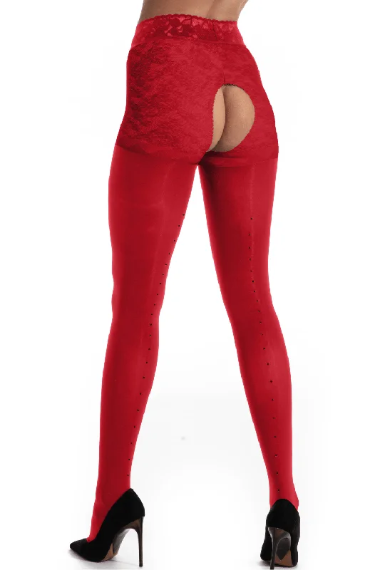 Footless Tights for WomenBlack Diamond Open Crotch Tights Red 60/30 Denier