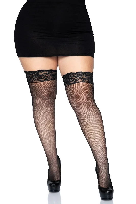 Semi-Opaque Tights for WomenPlus Size Stay Up Lace Top Micro Net Thigh Highs