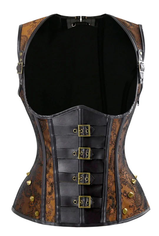 Vintage - style women's bustiers with lace and bowsBrown Pleather Underbust Corset Vest