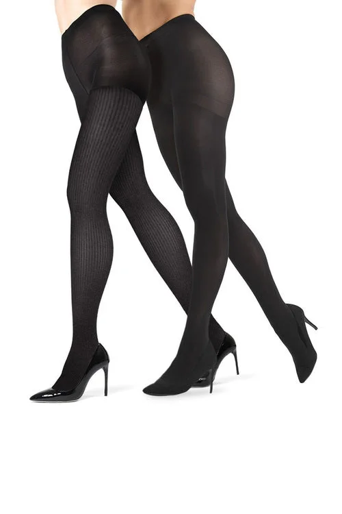 Tartan Tights for WomenFine Rib/Solid Control Top Tights - 2 Pack