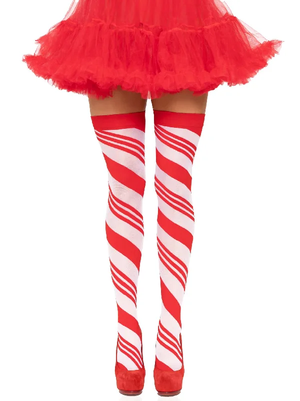 Women's Retro TightsCandy Cane Thigh High - One Size - White/red