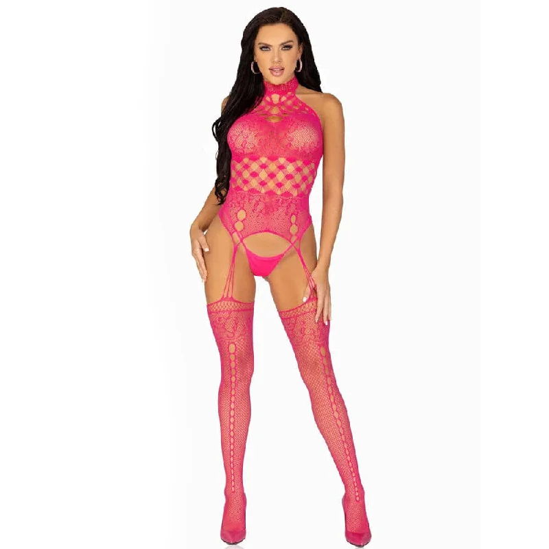 Women's Lingerie for Boudoir SessionsLeg Avenue High Neck Halter Net And Lace Suspender UK 6 to 12