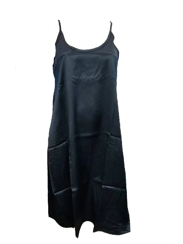 Women's Lingerie with Embroidery DetailsRuby Satin Knee Length Gown With Spaghetti Straps & Gathered Back In Black
