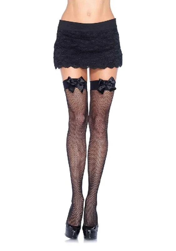 Women's Compression TightsFishnet Thigh Highs With Bow - One Size - Black