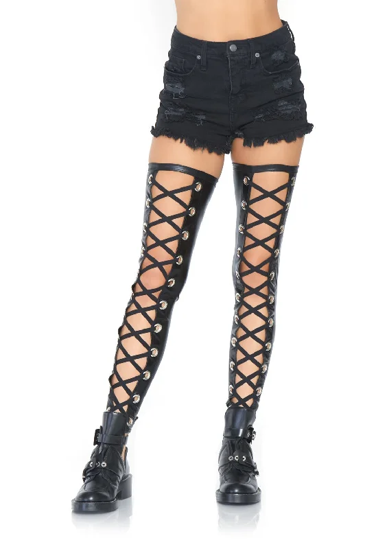 Tights with Back Seam for WomenGrommet Wet Look Footless Thigh Highs - Medium / Large - Black