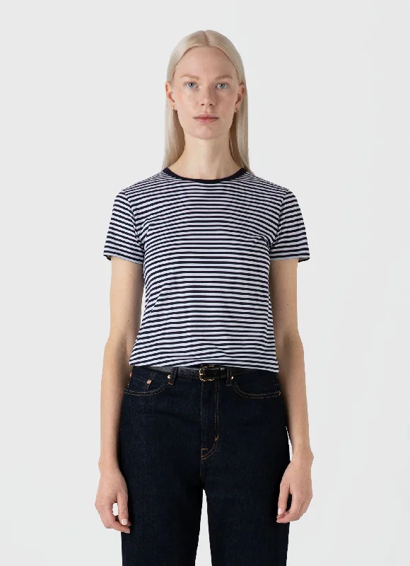 Women's embroidered t shirt Women's Classic T-shirt in Navy/White English Stripe