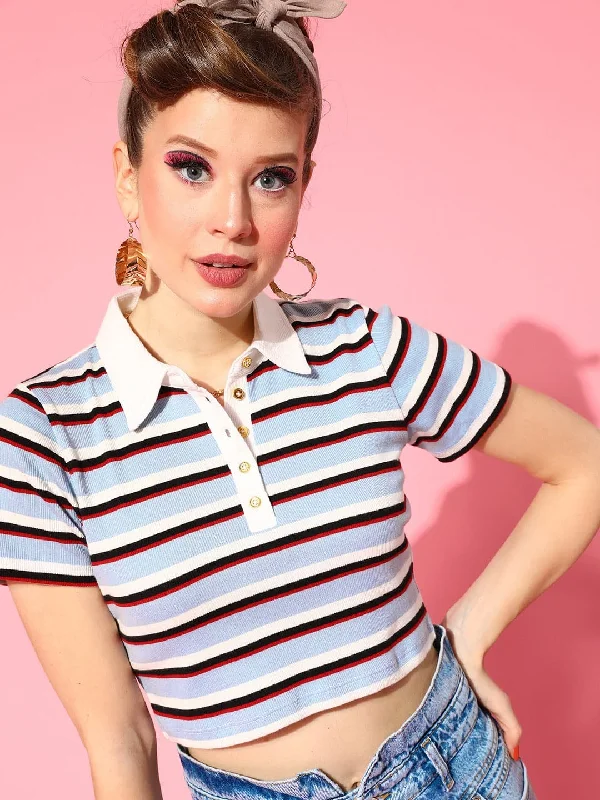 Women's cotton t shirt Women Blue Multi Striped Crop Polo T-Shirt