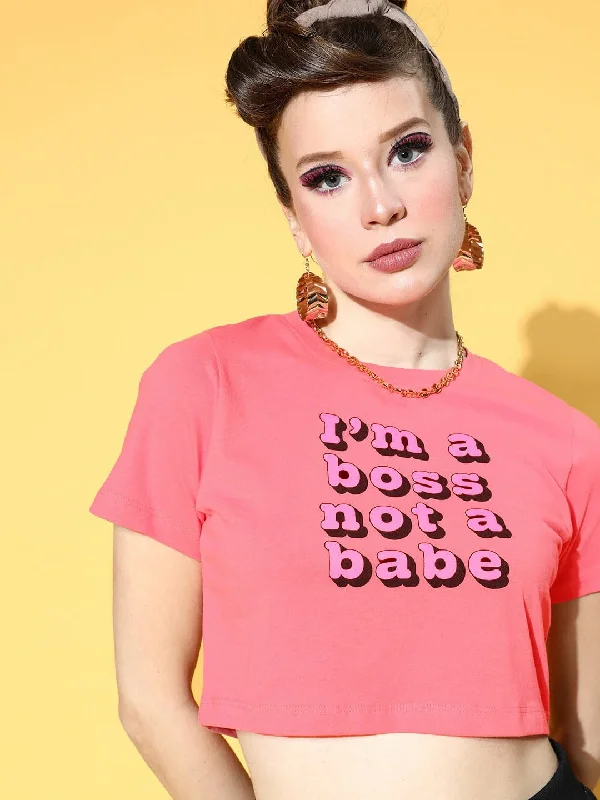 Women's cheap t shirt Women Pink I'm Boss Print Slim Fit Crop T-Shirt
