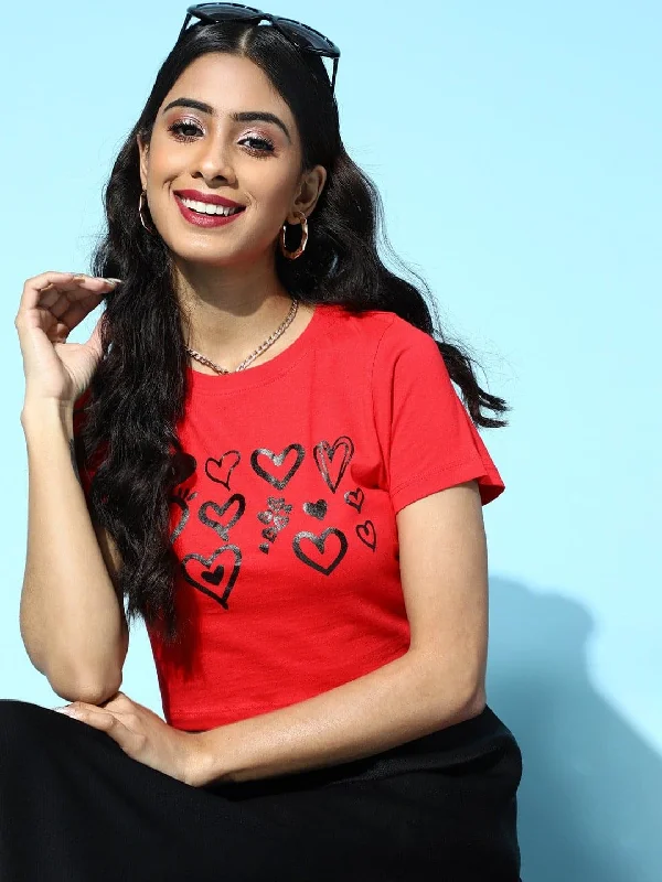 Women's retro t shirt Red Printed Slim Fit T-Shirt