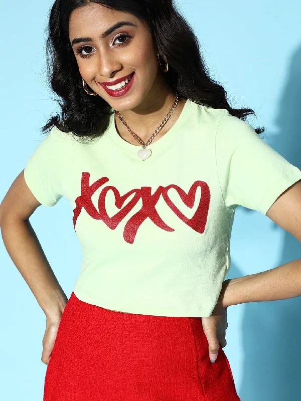 Women's button down t shirt Green XOXO Crop T-Shirt