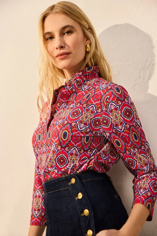 Women's floral print long sleeve chiffon shirt Tammy Geometric Tile 3/4 Sleeve Popover Shirt Women's floral print long sleeve chiffon shirt Tammy Geometric Tile 3/4 Sleeve Popover Shirt