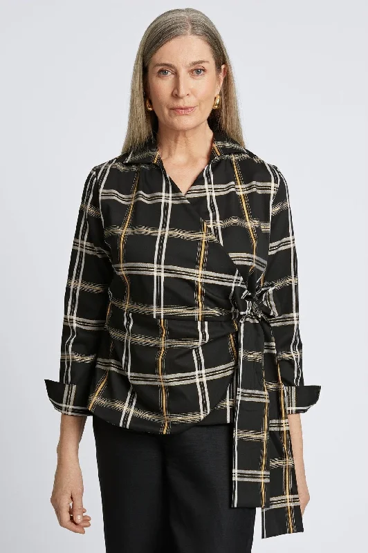 Women's embroidered long sleeve linen shirt Polyester long sleeve wrinkle - free shirtsSalina Gold & Silver Lurex Plaid Long Sleeve Shirt Women's embroidered long sleeve linen shirt Polyester long sleeve wrinkle - free shirtsSalina Gold & Silver Lurex Plaid Long Sleeve Shirt