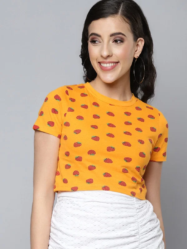Women's beach t shirt Women Mustard Strawberry Slim Fit Crop T-shirt