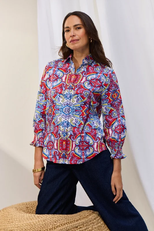 Women's sustainable long sleeve organic cotton shirt Olivia Mediterranean Tiles 3/4 Sleeve Shirt Women's sustainable long sleeve organic cotton shirt Olivia Mediterranean Tiles 3/4 Sleeve Shirt