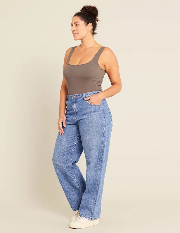 Women's yoga t shirt Ribbed Square Neck Bodysuit - Taupe