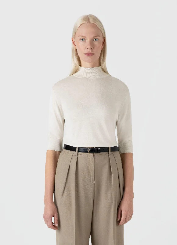 Women's gym t shirt Women's Mulberry Silk Mock Neck Top in Ecru