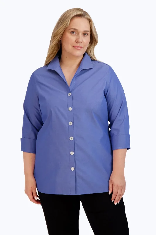 Women's zipper - front long sleeve performance shirt Pandora Plus No Iron Pinpoint 3/4 Sleeve Tunic, Dark Chambray Women's zipper - front long sleeve performance shirt Pandora Plus No Iron Pinpoint 3/4 Sleeve Tunic, Dark Chambray