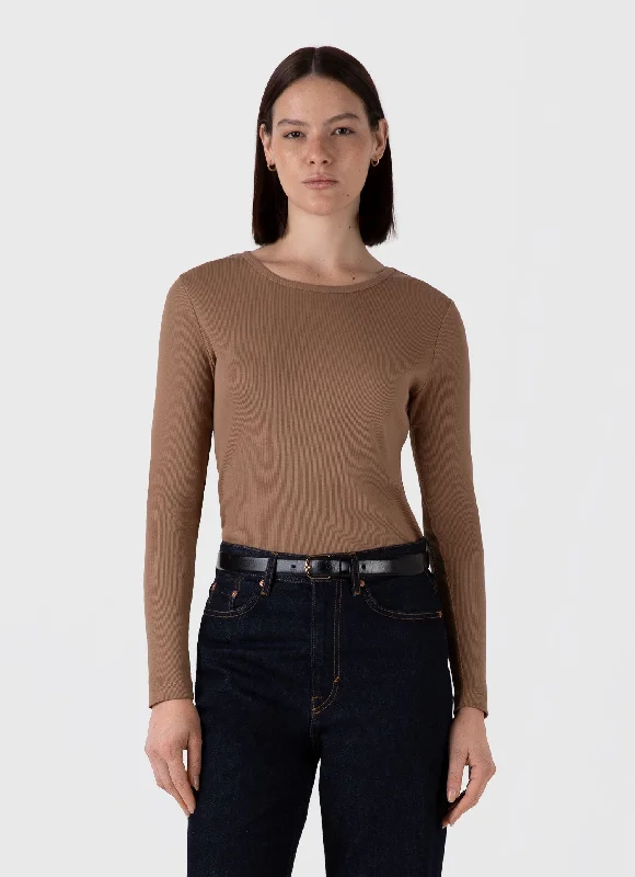 Women's pleated t shirt Women's Long Sleeve Ribbed T-shirt in Almond