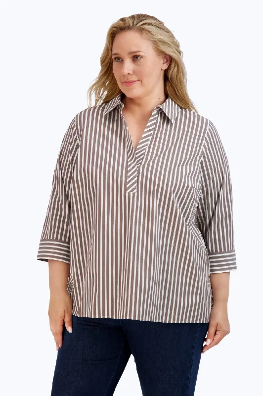 Women's beaded long sleeve satin shirt Polyester long sleeve wrinkle - free shirtsSophia Plus No Iron Stretch Stripe Long Sleeve Popover Shirt Women's beaded long sleeve satin shirt Polyester long sleeve wrinkle - free shirtsSophia Plus No Iron Stretch Stripe Long Sleeve Popover Shirt