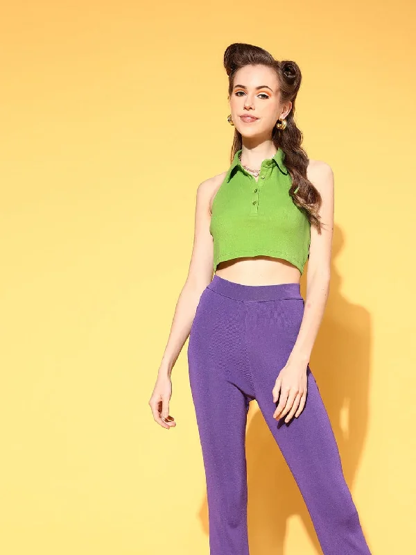 Women's petite t shirt Women Green Polo Halter Crop T-Shirt