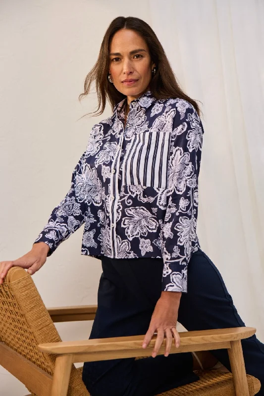 Women's solid color long sleeve viscose shirt Long sleeve shirts with French cuffsMarina Woodblock Floral Long Sleeve Shirt Women's solid color long sleeve viscose shirt Long sleeve shirts with French cuffsMarina Woodblock Floral Long Sleeve Shirt