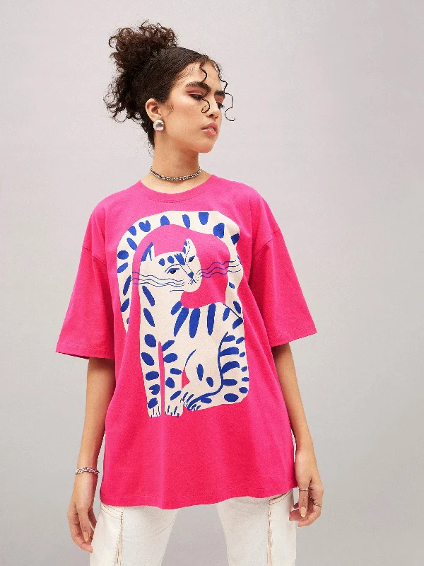 Women's striped t shirt Women Barbie Pink Cat Print Oversized T-shirt
