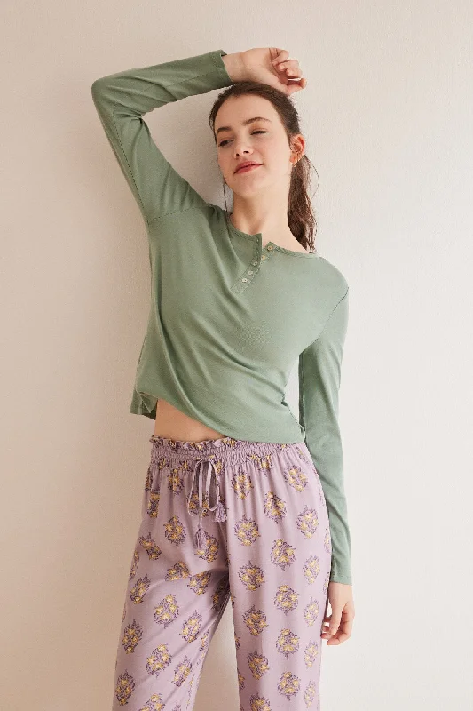 Green 100% cotton long-sleeved top