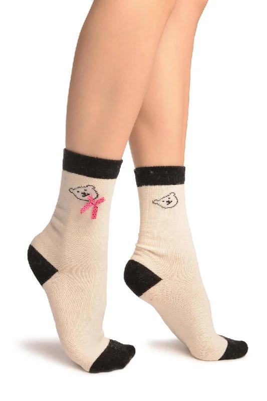 Women's no - show socks with a floral motifBeige With Cute Bear & Satin Bow Angora Ankle High Socks Women's no - show socks with a floral motifBeige With Cute Bear & Satin Bow Angora Ankle High Socks