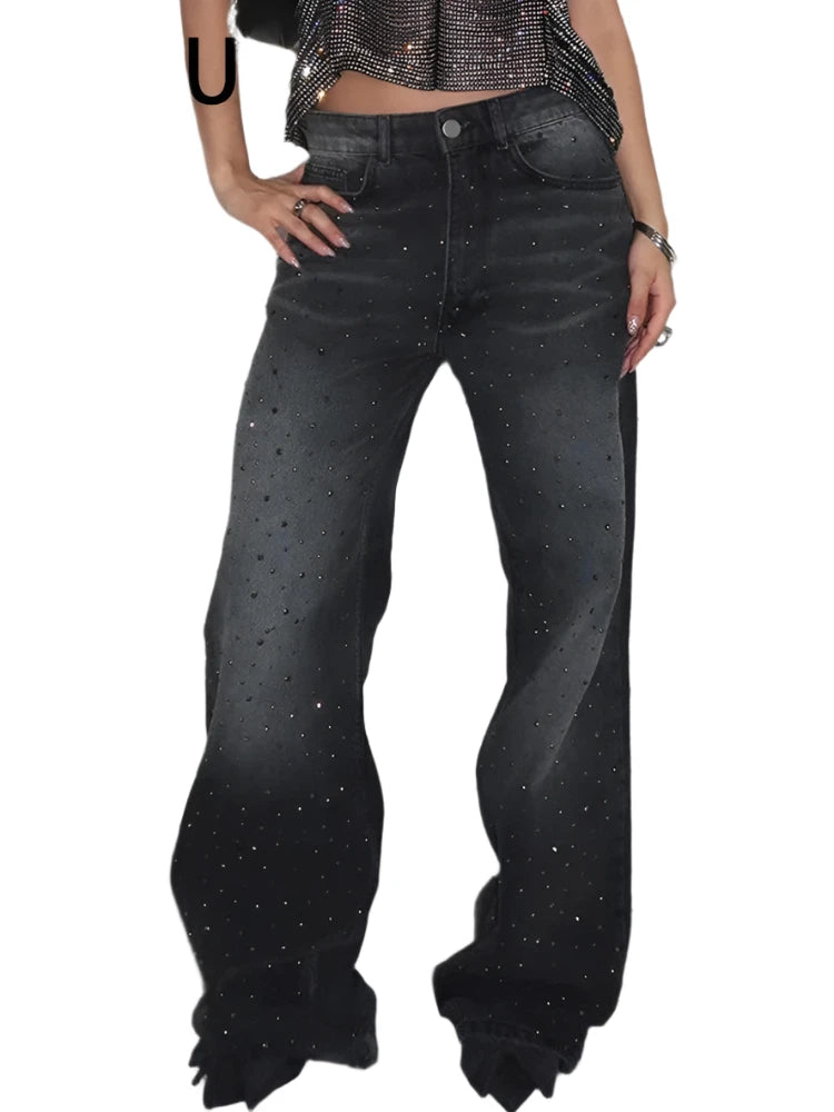 Women's unisex - style casual pants Ripped women jeans for a rebellious and fashion - forward style BKQU Low Waist Wide Leg Rhinestone Women's Jeans